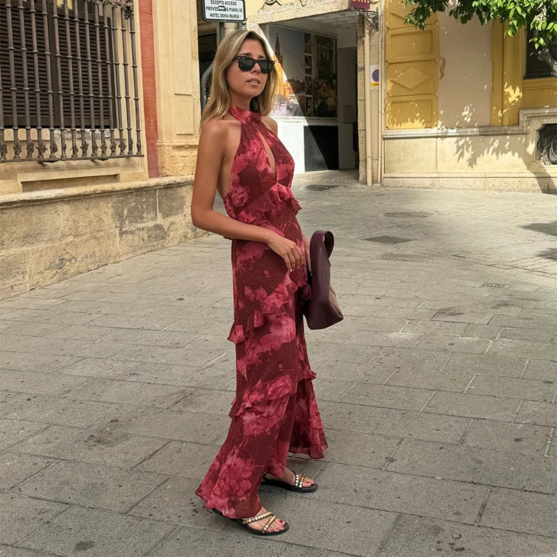 Floral Print Strapless Tiered Chiffon Maxi Dress Sleeveless Asymmetric Layered  2026 Summer Elegant Women Vacation Party Vestido