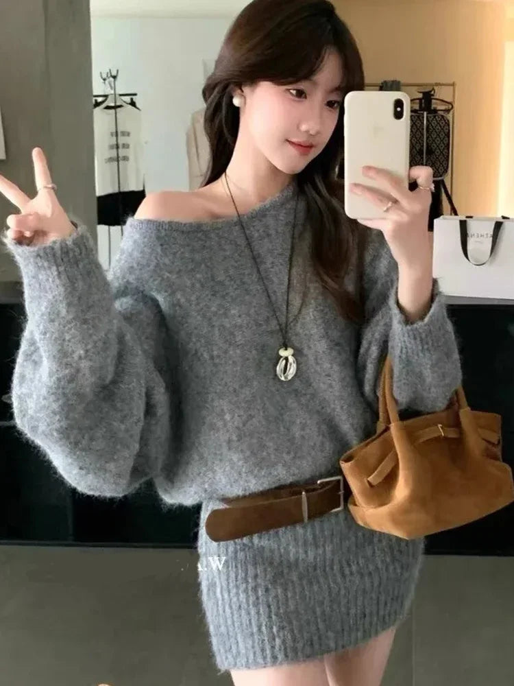 Off Shoulder Knit Mini Dress Women Slant Collar Long Sleeve Belt Autumn Dresses French Elegant Solid Sweet Aesthetic Retro Dress