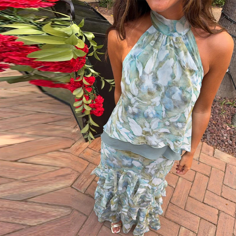 Floral Print Strapless Tiered Chiffon Maxi Dress Sleeveless Asymmetric Layered  2026 Summer Elegant Women Vacation Party Vestido