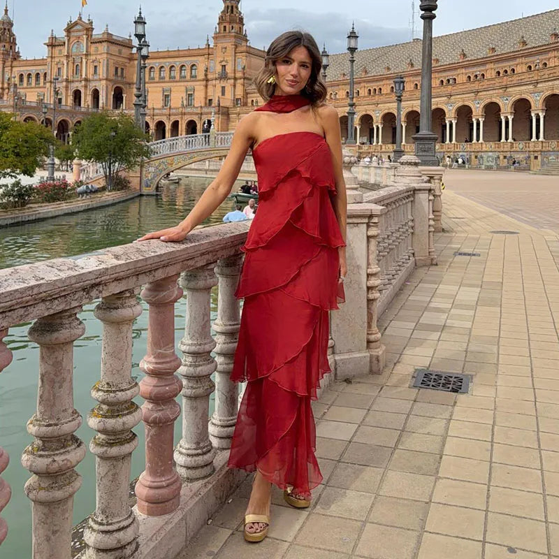 Floral Print Strapless Tiered Chiffon Maxi Dress Sleeveless Asymmetric Layered  2026 Summer Elegant Women Vacation Party Vestido