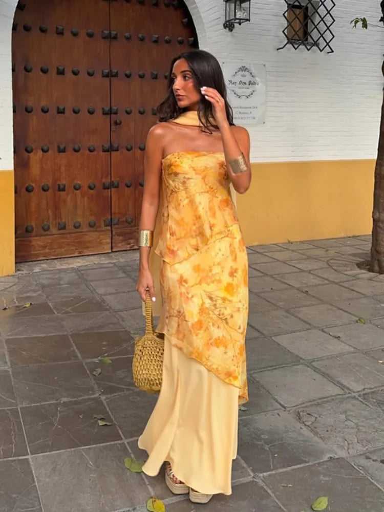 Floral Print Strapless Tiered Chiffon Maxi Dress Sleeveless Asymmetric Layered  2026 Summer Elegant Women Vacation Party Vestido