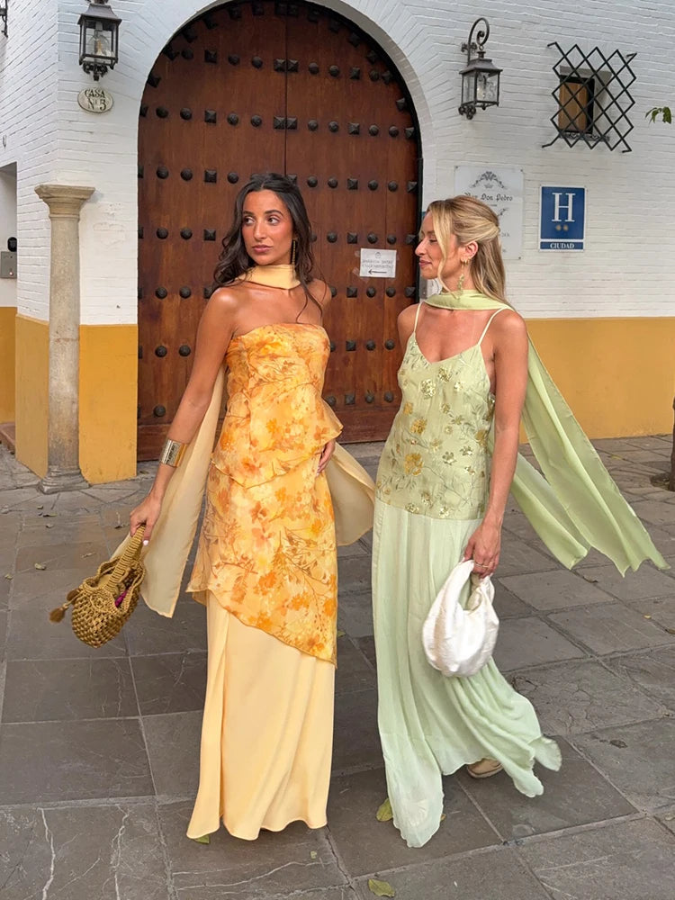 Floral Print Strapless Tiered Chiffon Maxi Dress Sleeveless Asymmetric Layered  2026 Summer Elegant Women Vacation Party Vestido