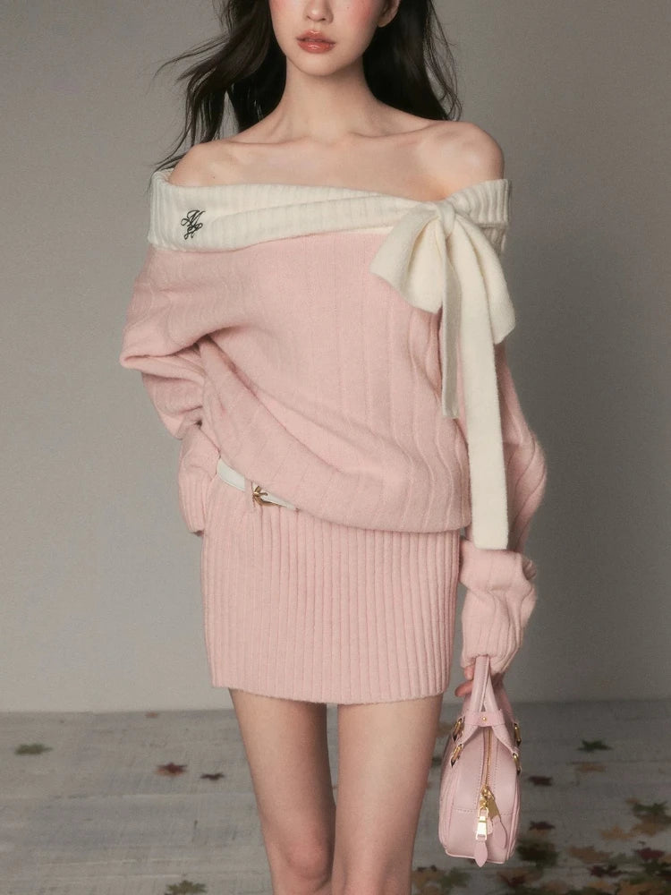 Vintage Off Shoulder Knit Dress Women Autumn Winter Sweet Style Long Sleeve Bow Design Dress Thick Warm Elegant Fashion Outfit