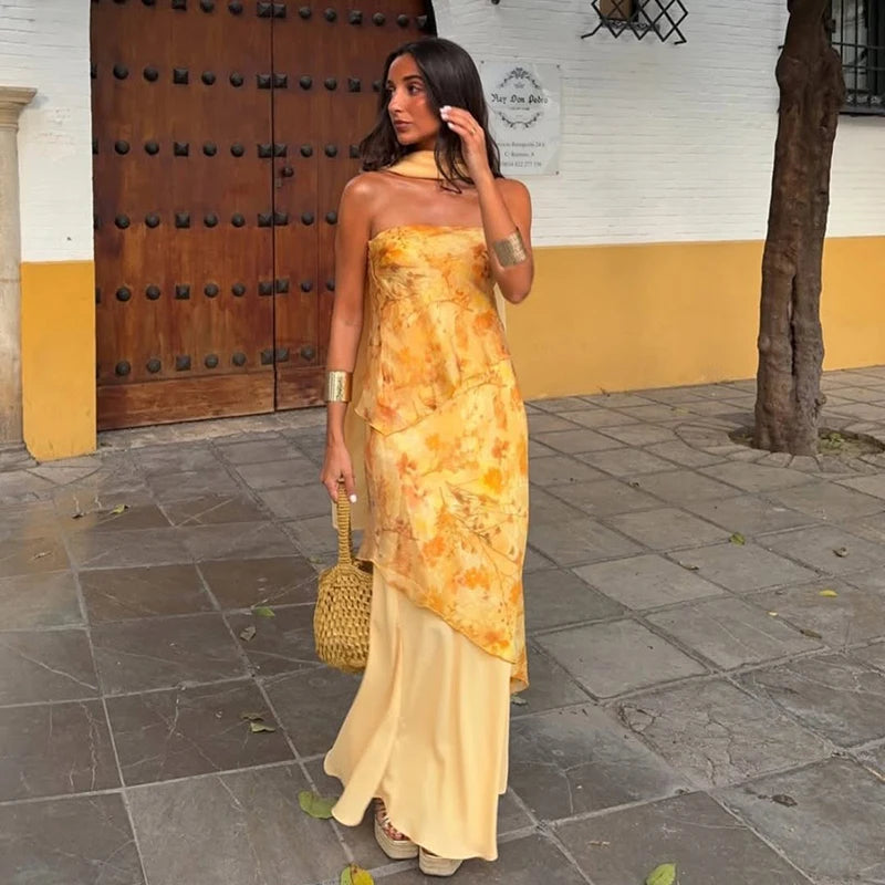 Floral Print Strapless Tiered Chiffon Maxi Dress Sleeveless Asymmetric Layered  2026 Summer Elegant Women Vacation Party Vestido