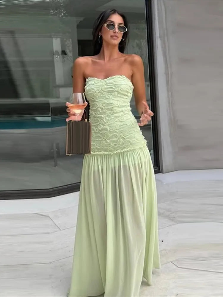 Floral Print Strapless Tiered Chiffon Maxi Dress Sleeveless Asymmetric Layered  2026 Summer Elegant Women Vacation Party Vestido
